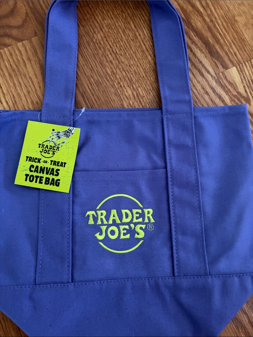 Trader Joe's Blue Canvas Duffel Tote with Neon Yellow Logo